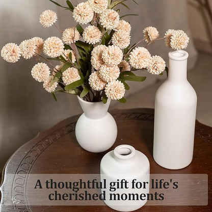 Ceramic Flower Vase Set of 3, Fake Flowers in Vase for Centerpieces with 8 Artificial Autumn Chrysanthemums Artificial Decorative Swags