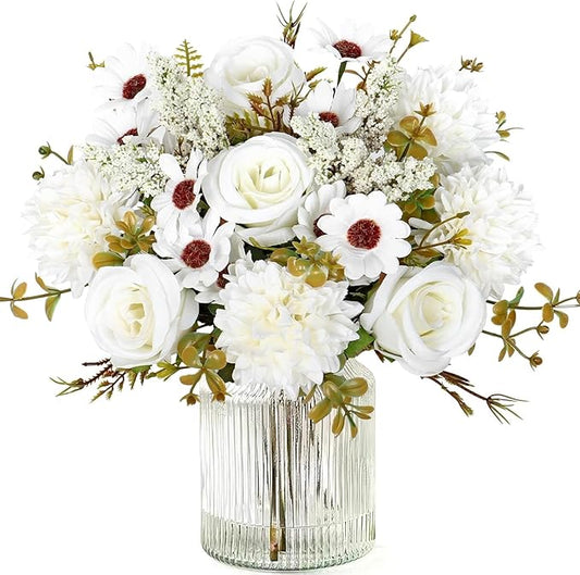 Dremisland Artificial Flowers Like Real Artificial Bouquet 2 Packs Silk Artificial Roses Bouquet with Daisy Chrysanthemum White Flowers for Centerpiece Table Wedding Party Home Decor