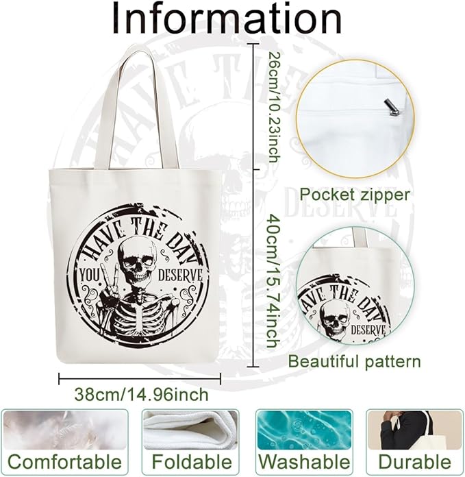 ANATTASOUL Halloween Canvas Tote Bag Black Skull Circle Reusable Cotton Bag for Women, Durable Cloth Shoulder Bags with Zipper Pockets for Shopping, Vacation, Work, Gym