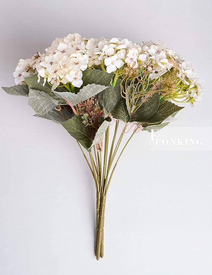 Hydrangea Artificial Flower 3pcs Realistic Faux Silk Hydrangeas Fake Flowers Bouquets Arrangements Decor for Wedding Spring Mother's Day, Home Table Decorations, White Flower
