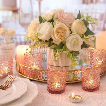 Pink Votive Candle Holder Set of 12, Flower Tea Lights Candles Holders for Wedding Table Centerpieces, Birthday Parties, Anniversary, Pink Bridal Shower and Holiday Decorations