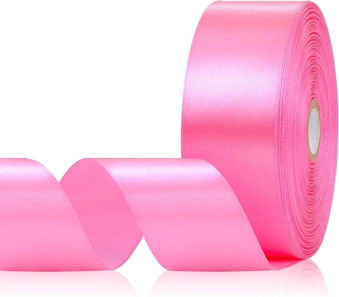 Flamingo Pink Satin Ribbon 1-1/2 Inch 60 Yards, Solid Polyester Fabric Ribbon for Gift Wrapping, Flower Bouquet, Eternal Flower, Crafts, Hair, Wedding