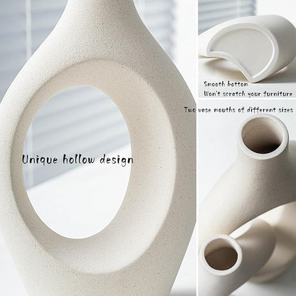 XL Cream White Snuggle Hollow Ceramic Vase of 2 for Coffee Table Decor, Modern Minimalist Aesthetic Donut Floral Vases, for Home Living Room Entryway Table Shelves Decorative (W 6.8" X H 11")