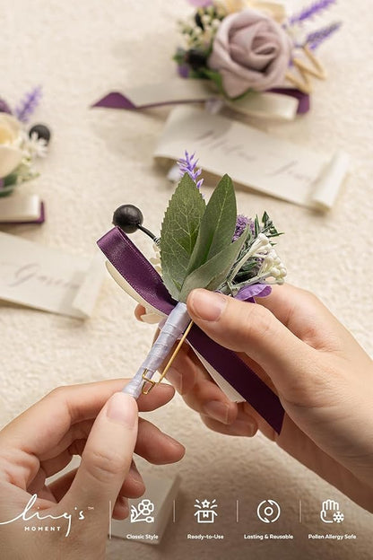 Ling's moment Boutonniere for Men, 6pcs Groom Groomsmen Boutonniere, Artificial Flowers for Wedding Decor/Prom/Homecoming, etc.Purple Lavender Lilac