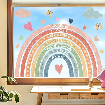 Large Rainbow Window Stickers Kids Inspirational Window Decals Peel and Stick Double Sided Rainbow Window Clings Anti Collision Motivational Window Decals for Nursery Playroom Classroom Bedroom Decor