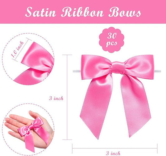 WRAPAHOLIC 30 Pcs 3" Hot Pink Satin Ribbon Bows with Twist Tie - Pretied Premade Craft Bows for Christmas Party Crafts Treat Bags Gift Wrapping Wedding Baby Shower Birthday