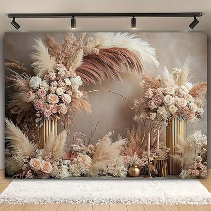 Boho Floral Wedding Backdrop Pampas Grass Flower Curtain Background Wedding Bridal Shower Anniversary Party Decoration Backdrop Newborn Baby Shower Pregnancy Photos Backdrop (8x6feet)