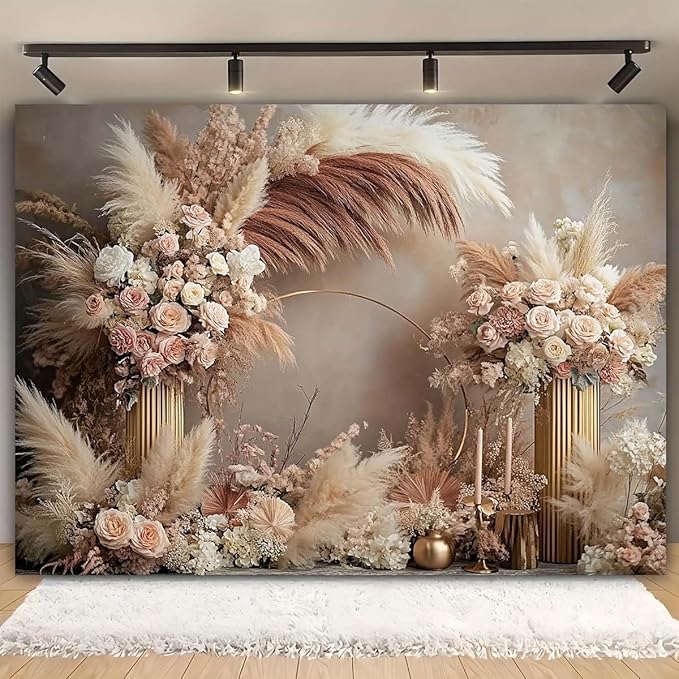 Boho Floral Wedding Backdrop Pampas Grass Flower Curtain Background Wedding Bridal Shower Anniversary Party Decoration Backdrop Newborn Baby Shower Pregnancy Photos Backdrop (6x4feet)