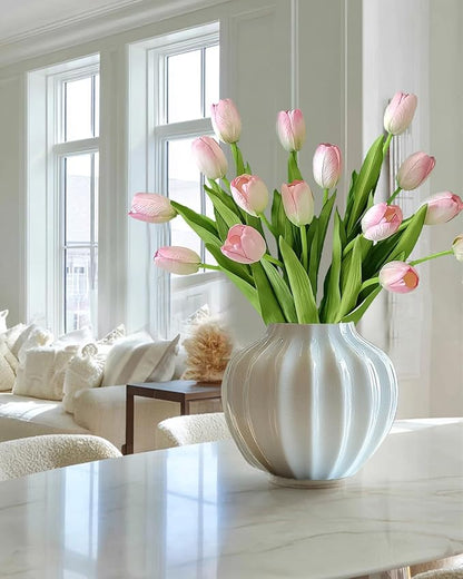 12pcs Pink Artificial Tulips, Real Touch Silk Faux Flowers, 13.8 Inch Stems, for Wedding Home Decor, Mother's Day Easter Gifts, Table Centerpiece Bouquets Arrangements