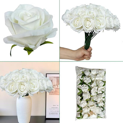 FagusHome 30 Pcs Silk Rose Artificial Flowers Roses Bulk Bouquet Fake Flowers Rose Heads with Stems for Home Wedding Decor (White)