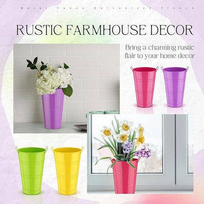Zhehao 12 PCS 12 Inch Galvanized Metal Vase with Handles Bulk Tin Flower Buckets Galvanized Vases for Country Wedding Table Centerpieces Flower Buckets for Wedding Home (Green, Yellow, Purple, Rose)