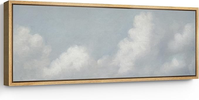 SIGNFORD Large Framed Canvas Print Wall Art Blue Sky with Fluffy Clouds Tranquil Minimal Sky Scene Illustrations Modern Art Relax/Calm Warm for Living Room, Bedroom, Office - 60"x20"