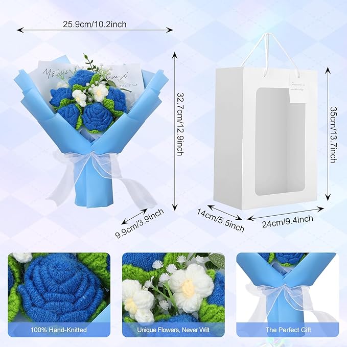 Foyucool Crochet Flowers Bouquet, Handmade Knitted Rose Bouquet with Gift Bag for Home Deocor, Crocheted Finished Flower for Wedding, Mother's Day, Teachers' Day and Valentine's Day, Blue