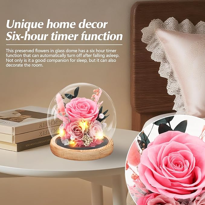 Preserved Roses Flowers for Delivery, Pink Forever Flores in Glass Dome for Women Mom Grandma Wife Girlfriend, Eternal Rose Anniversary Birthday Gift for Valentines Mothers Day Christmas