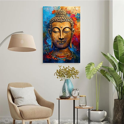 Golden Serenity Buddha Vintage Painting Wall Art Spirituality and Modern Art Wall Decor Adds Brilliance to Vibrant Home Decor 12x18in Wood Framed