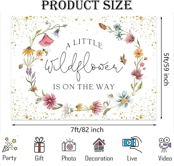 Wildflower Baby Shower Backdrop for Girl Watercolor Wild Floral Butterfly Photography Background Garden Wildflower Baby Shower Cake Table Banner Photoshoot Props (7x5ft)