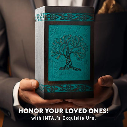 INTAJ Cremation Urn for Human Ashes - Wooden Urn Box for Ashes Handcrafted - Tree of Life Memorial Urn Funeral Cremation Urns (Teal Green, X-Large (250lbs or 115kg))