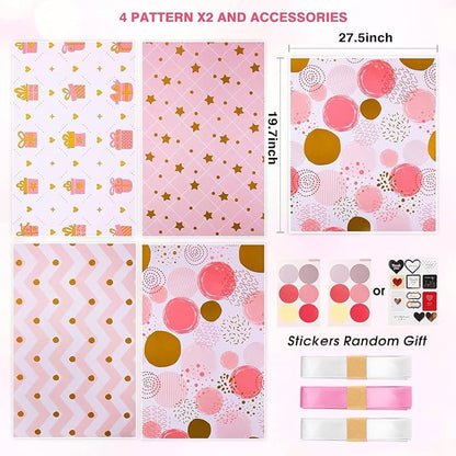 Wrapping Paper Pink Gold Birthday Gift Wrapping Paper for Girls Women-Soft Pink Gift Wrap Paper and Ribbon Sticker,Pretty Present Wrap Folded Sheets for Party,Wedding,Valentine's Day(6 Sheets, 27.5"Lx19.6"W per Sheet)
