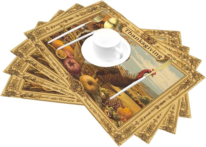 PVC Placemats Set of 1 Wipeable Table Mats Washable Heat Resistant Non Slip Vinyl Dining Table Mat for Kitchen Indoor Outdoor Patio Farmhouse Place Mats Retro Turkey Thanksgiving Decorative