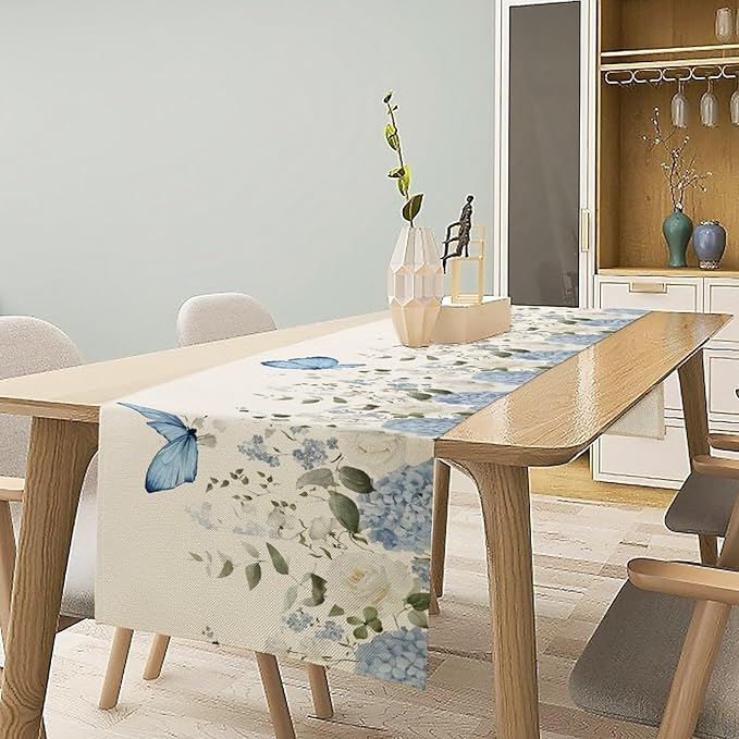 Floral Table Runner, Blue White Flower Butterfly Garden Spring Nature Decoration Table Runner for Kitchen Dining Home Party, 13x90 Inch