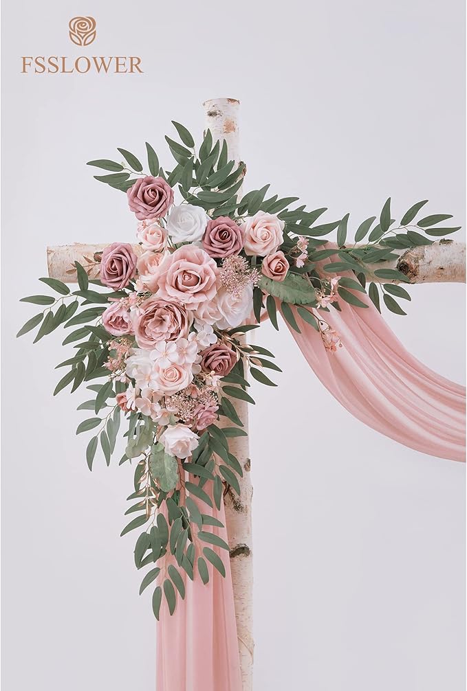 Wedding Arch Flowers with Drapes Kit (Pack of 3) - 2pcs Artificial Dusty Pink Deluxe Swag with 1pcs Sheer Drapes for Wedding Ceremony Backdrop Rose Floral Decoration Arbor Reception