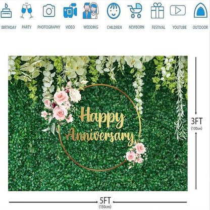Ticuenicoa 5x3ft Green Grass Wall Floral Happy Anniversary Backdrop for Flower Love Cheers to 10 Years 50th Wedding Birthday Party Supplies Decorations Banner Photo Booth Props Gifts Background