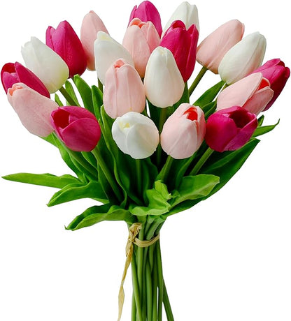 Mandy's Artificial Tulips 20 Stems Shades of Pink PU Faux Flowers for Thanksgiving and Christmas Decorations Wedding Home Decor 13.5 Inch