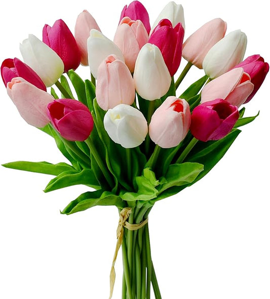 Mandy's Artificial Tulips 20 Stems Shades of Pink PU Faux Flowers for Thanksgiving and Christmas Decorations Wedding Home Decor 13.5 Inch