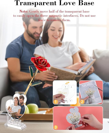 24K Gold Dipped Real Rose, Valentines Day Romantic Gift for Her, Eternal Preserved Red Forever Rose with Love Heart Stand, Anniversary Birthday Mothers Day Best Gift for Women Mom Wife Girlfriend