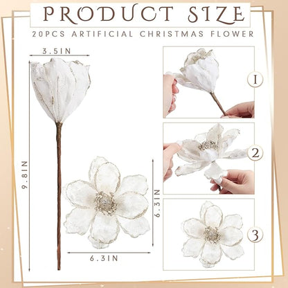 20 Pcs Christmas Glitter Poinsettia Magnolia Flowers Ornaments White Large Heads Artificial Magnolia Flowers for Christmas Tree Xmas Wreath Holiday Wedding Decor
