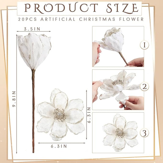 20 Pcs Christmas Glitter Poinsettia Magnolia Flowers Ornaments White Large Heads Artificial Magnolia Flowers for Christmas Tree Xmas Wreath Holiday Wedding Decor