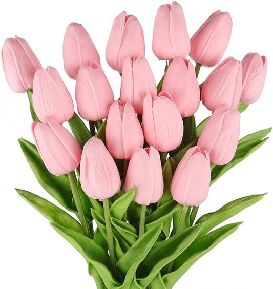 Beferr Pink Tulips Artificial Flowers 18Pcs Faux Tulip Real Touch Tulip Fake Flowers Bouquets Arrangements for Mothers Day Spring Easter Wedding Home Table Decor Pink