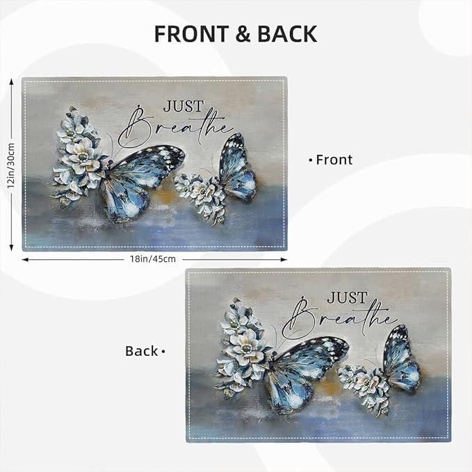 Blue Butterfly Placemats Set of 4, Farmhouse Country Rustic Just Breathe Place Mats Washable Double-Sided Table Mats for Dining Room Home Party Indoor 4 PCS 12x18 Inch
