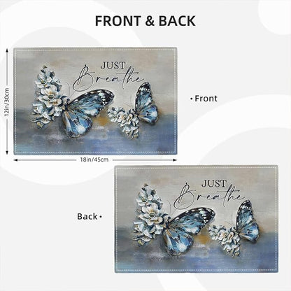Blue Butterfly Placemats Set of 6, Farmhouse Country Rustic Just Breathe Place Mats Washable Double-Sided Table Mats for Dining Room Home Party Indoor 6 PCS 12x18 Inch