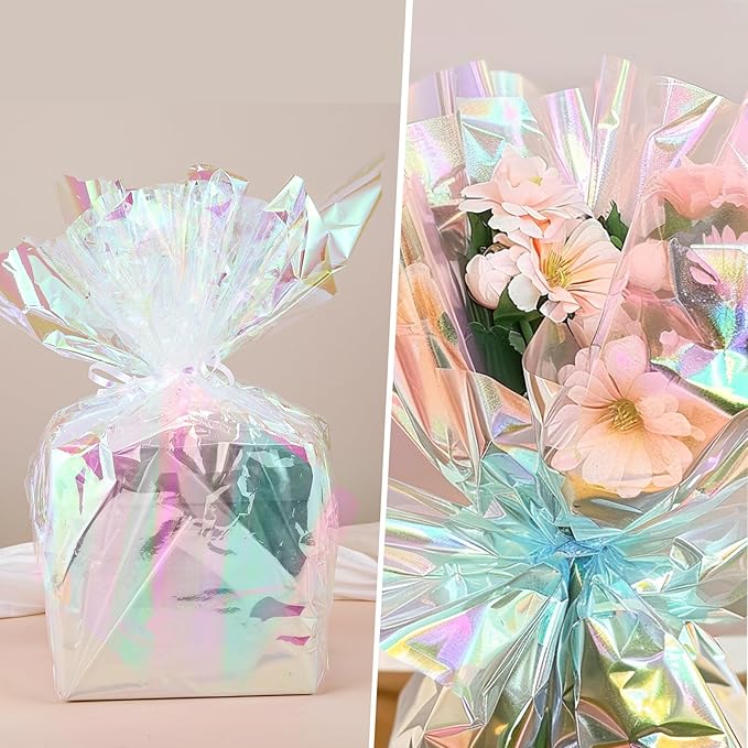 woric 82 Ft X 17 In Cellophane Wrap for Gift Baskets Christmas Iridescent Cellophane Wrap Roll Gift Basket Wrapping Plastic for Gifts Basket Treats Party Favor Birthday Wedding Crafts