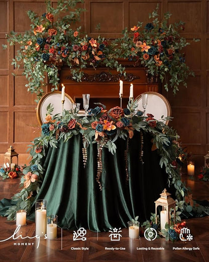 Ling's moment 9FT Flower Garland for Backdrop Decoration - Fall Wedding Arch Flowers, Eucalyptus & Rose, Artificial Floral Garland for Mantle - Sweetheart Table Decor for Ceremony, Teal & Orange