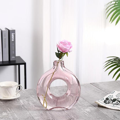 Glass Vase, Donut Vase, Pink Glass Vase, Flower Vase, Decorative Vase, Modern Vase, Round Glass Vase for Home, Living Room, Dining Table, Entryway, Mantle, Shelf, Wedding, Office, Coffee Table