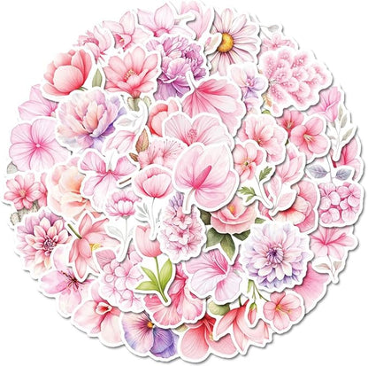 Watercolor Flowers Stickers for Teens Boy Girls|50 Pcs|Pink Vinyl Waterproof Stickers for Laptop Computer Phone Tablet Luggage Flasks Notebook Water Bottle Scrapbook,Cartoon Decals Pack(Flowers)