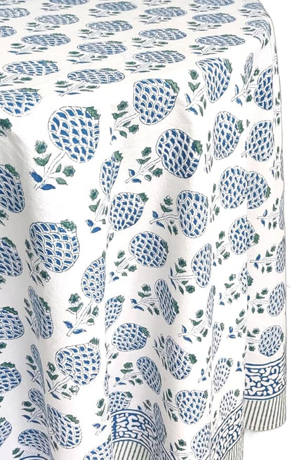 ATOSII Roma Blue 100% Cotton Boho Round Fall Tablecloth, Handblock Floral Print Table Cloth Linen for Kitchen Dining I Parties, Outdoors, Weddings, Christmas, Thanksgiving Decor 90" Inches Diameter