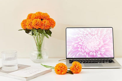 SITUMEIZI 12 Pcs Orange Artificial Chrysanthemums Flowers Ball Flower Fake Mums Silk for Fall Decor Halloween Thanksgiving Day Wedding Home Kitchen Decoration Floral Arrangement