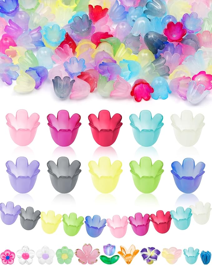 FIVEIZERO 300PCS Acrylic Lily Bell Flower Bead Caps, 10 Colors Trumpet Floral Beads Charms for Bracelets, Necklaces & DIY Jewelry Making Crafts