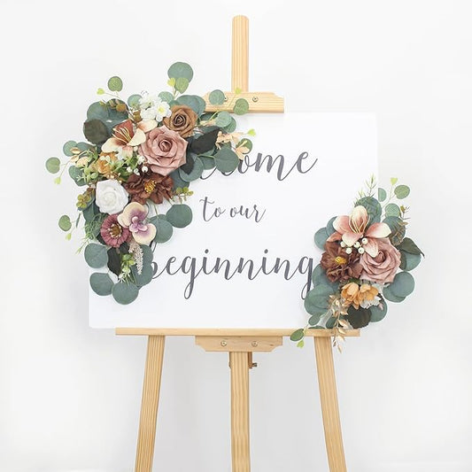 2pcs Artificial Flowers Wedding Arch Decor, Wedding Welcome Sign,Foam Flower Welcome Sign for Reception Backdrop, Table Decorations, Dried Flowers(Dark Coffee)