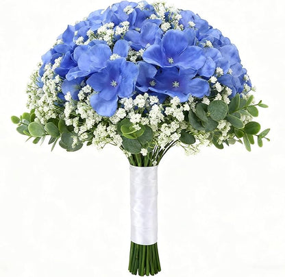 100PCS Artificial Hydrangea Flowers, Fake Flowers Silk Hydrangea Full Flowers Heads with Stems for Wedding Home Party Shop Baby Shower Decor (Bright Blue)
