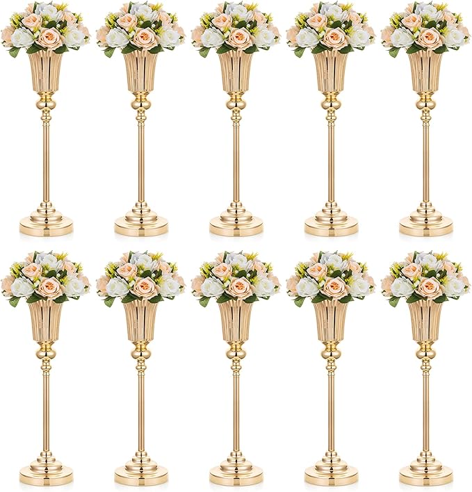 NUPTIO Centerpiece Vase Gold Wedding: 10 Pcs 21.5" Tall Metal Trumpet Vases for Table Decorations Gold Flower Stand for Party