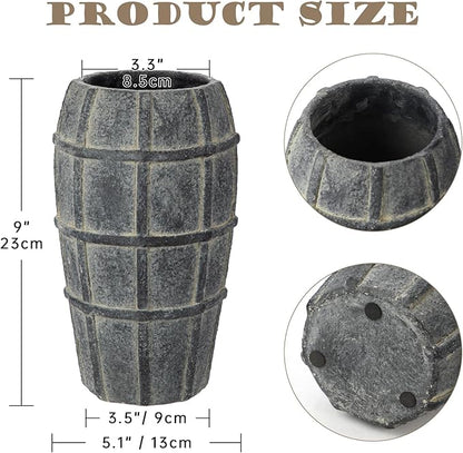 Briful Rustic Terracotta Flower Vase for Home Decor – 9" Blue Farmhouse Textured Barrel-Style Ceramic Vase Vintage Handcrafted Gridded Design for Faux & Dried Flowers Living Room Table Centerpiece