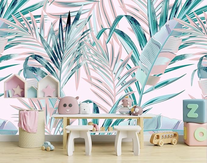 WFBHUA-Pink and Green Palm Leaf Wallpaper Large Self Adhesive Mural for Girls' Rooms 137"x100"