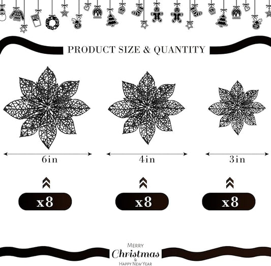 Boao Black 24 Pieces Poinsettia Flower Christmas Glitter Artificial Poinsettia with Clips Christmas Tree Ornament Decorations for DIY Xmas Wreath Holiday Home Party Decor, 3/4/6 Inches