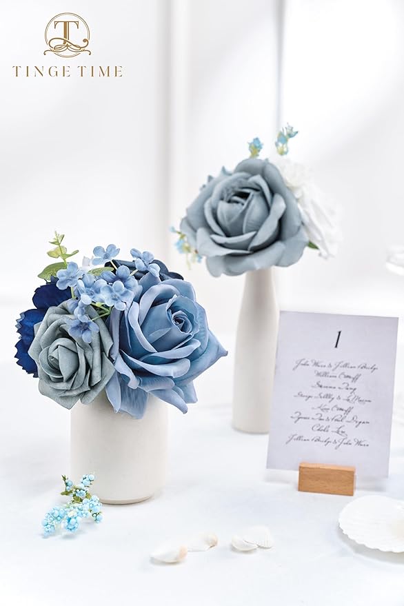 TINGE TIME Artificial Flowers Dusty Blue Flower Combo for DIY Wedding Bouquets Table Centerpieces Arrangements Party Baby Shower Home Decorations