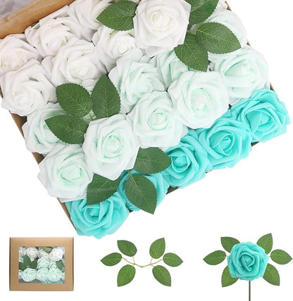 50PCS Artificial Flowers Green Series Roses Real Looking Foam Fake Roses with Leaves and for DIY Wedding Bouquets Bridal Shower Centerpieces Party Decorations (Green Series, 50)