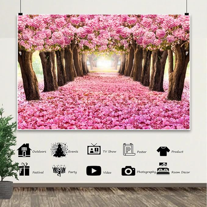 12x6ft Spring Pink Flower Backdrop Cherry Blossom Floral Petal Trees Boulevard Garden Romantic Valentine's Day Photography Background for Wedding Baby Shower Tea Party Girl Adult Portraits